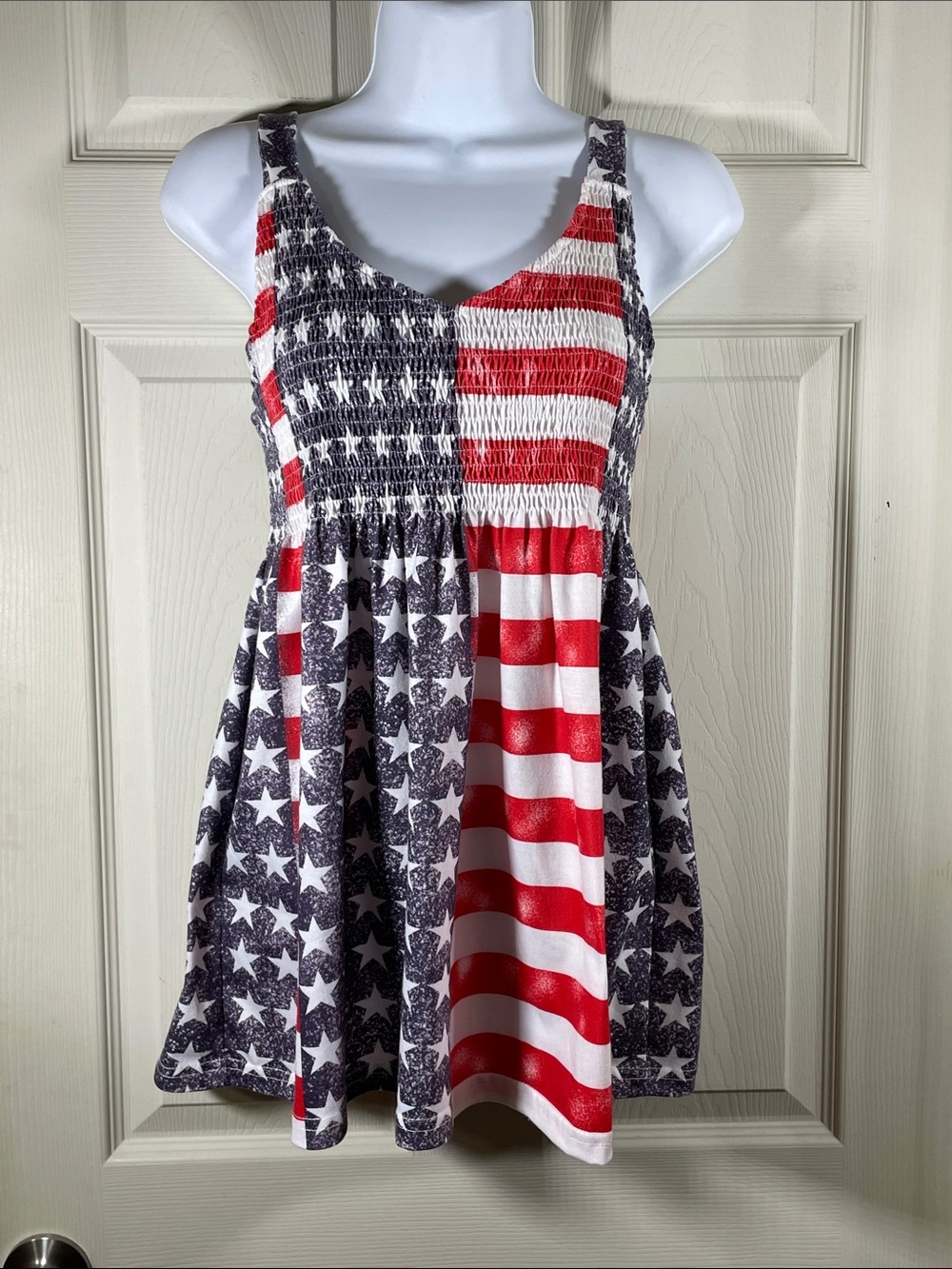SHEIN Red White Blue American Flag Print Smocked Tank Dress